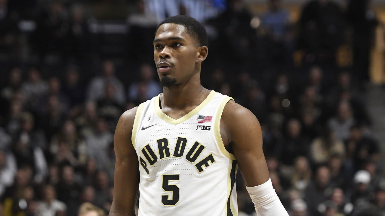 WEST LAFAYETTE, IN - DECEMBER 21: Purdue Boilermakers Guard Brandon Newman (5) stands at the free throw line before shooting a technical free throw during the college basketball game between the New Orleans Privateers and the Purdue Boilermakers on December 21, 2022, at Mackey Arena in West Lafayette, Indiana.