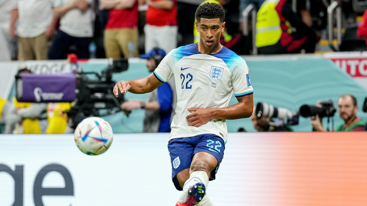 AL KHOR, QATAR - DECEMBER 10: Jude Bellingham of England controls the ball during the FIFA World Cup Qatar 2022 quarter final match between England and France at Al Bayt Stadium on December 10, 2022 in Al Khor, Qatar.