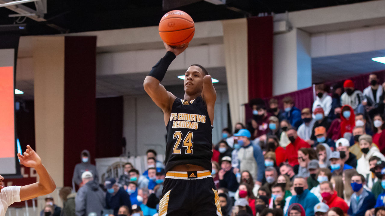 SPRINGFIELD, MA - JANUARY 17: Hansel-Emmanuel Donato of Life Christian Academy (24) shoots the ball during the first half of the Spalding Hoophall Classic high school basketball game between Wilbraham and Monson Academy and Life Christian Academy on January 17, 2022 at Blake Arena in Springfield, MA
