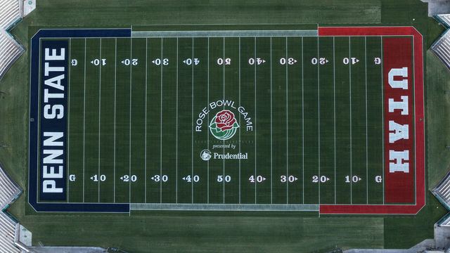 PASADENA, CA - DECEMBER 26: An aerial view of the Rose Bowl Game logo and the Utah and Penn State end zones on the field of the 100-year-old Rose Bowl Stadium prior to the Rose Bowl Game on December 26, 2022 in Pasadena, California. The annual American college football bowl game pit the Penn State Nittany Lions and the Utah Utes to battle for the Leishman Trophy on the day of the Tournament of Roses Parade, also known as the Rose Parade. The events are traditionally held on New Year's Day except when it falls on a Sunday, as it will this year, a long-standing rule to prevent frightening horses outside of churches along the parade route and disrupting services. This year, the Tournament of Roses events will occur on Monday, January 2. The Rose Bowl Stadium opened in October 1922.