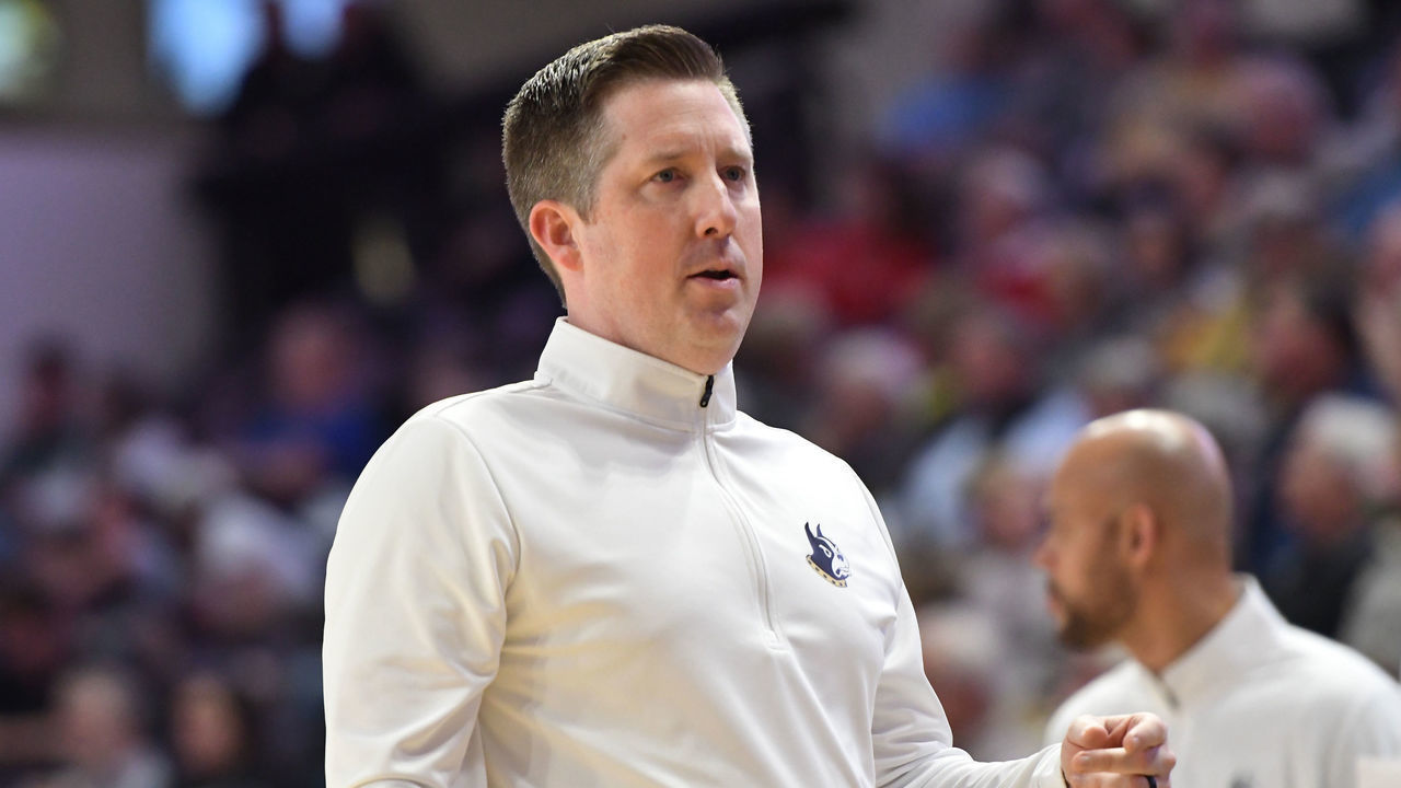 SPARTANBURG, SC - NOVEMBER 18: Jay McAuley Head Mens Basketball Coach Wofford College Terriers leads his team to a 58-60 win over the Gardner-Webb University Runnin Bulldogs in the Battle of the Carolinas, Friday, November 18, 2022, at Richardson Indoor Stadium in Spartanburg, South Carolina.