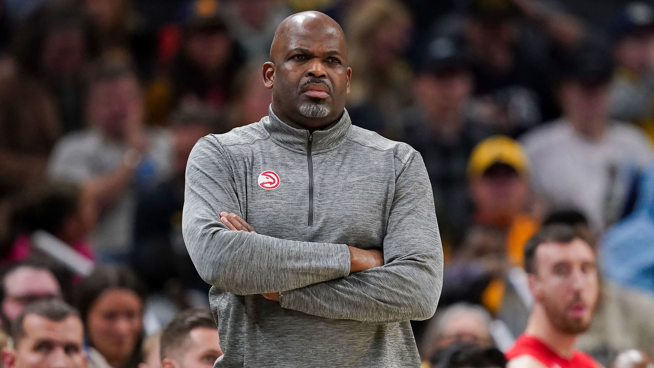 INDIANAPOLIS, INDIANA - DECEMBER 27: Head coach Nate McMillan of the Atlanta Hawks looks on in the fourth quarter against the Indiana Pacers at Gainbridge Fieldhouse on December 27, 2022 in Indianapolis, Indiana.
