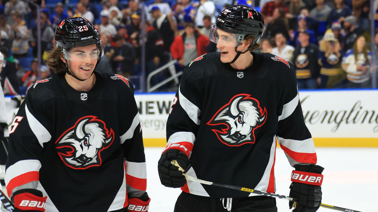 BUFFALO, NY - DECEMBER 13: Tage Thompson #72 of the Buffalo Sabres celebrates his goal against the Los Angeles Kings with Owen Power #25 during an NHL game on December 13, 2022 at KeyBank Center in Buffalo, New York.