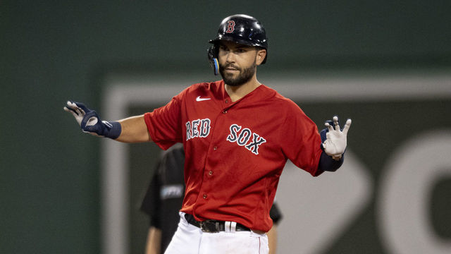 BOSTON, MA - AUGUST 11: Eric Hosmer #35 of the Boston Red Sox reacts after hitting an rbi double during the sixth inning of a game against the Baltimore Orioles on August 11, 2022 at Fenway Park in Boston, Massachusetts.