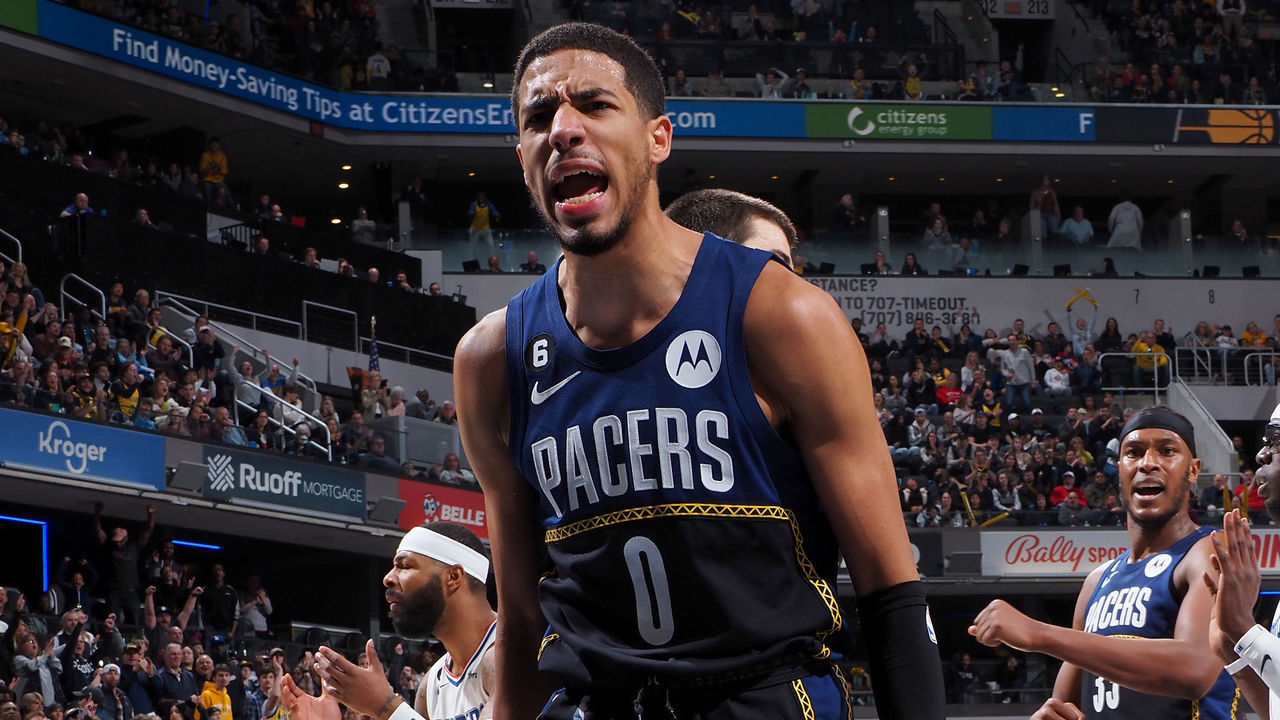 INDIANAPOLIS, IN - DECEMBER 31: Tyrese Haliburton #0 of the Indiana Pacers celebrates a play during the game against the LA Clippers on December 31, 2022 at Gainbridge Fieldhouse in Indianapolis, Indiana. Mandatory Copyright Notice: Copyright 2022 NBAE