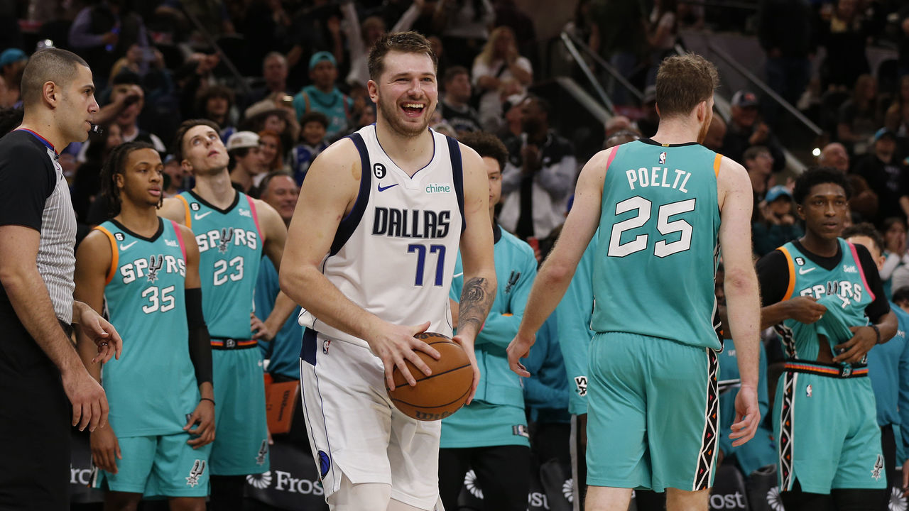 SAN ANTONIO, TX - DECEMBER 31: Luka Doncic #77 of the Dallas Mavericks reacts at the end of the second half when his team defeated the San Antonio Spurs at AT&T Center on December 31, 2022 in San Antonio, Texas. NOTE TO USER: User expressly acknowledges and agrees that, by downloading and or using this photograph, User is consenting to terms and conditions of the Getty Images License Agreement.