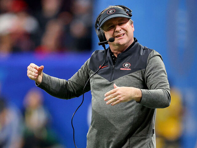 ATLANTA, GEORGIA - DECEMBER 31: Head coach Kirby Smart of the Georgia Bulldogs is seen on the sideline during the game against the Ohio State Buckeyes in the Chick-fil-A Peach Bowl at Mercedes-Benz Stadium on December 31, 2022 in Atlanta, Georgia.