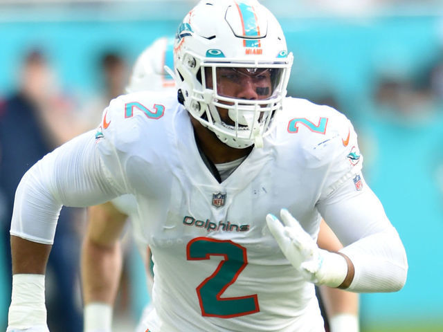 MIAMI GARDENS, FL - NOVEMBER 27: Miami Dolphins LB Bradley Chubb goes into action during the game featuring the Houston Texans and the Miami Dolphins on November 27, 2022 at Hard Rock Stadium in Miami Gardens, FL.