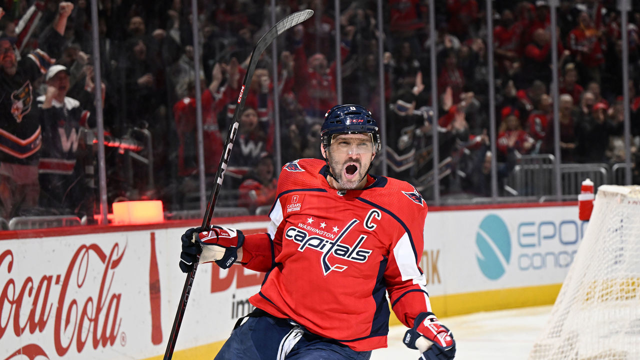 WASHINGTON, DC - DECEMBER 29: Alex Ovechkin #8 of the Washington Capitals celebrates after scoring in the second period against the Ottawa Senators at Capital One Arena on December 29, 2022 in Washington, DC.