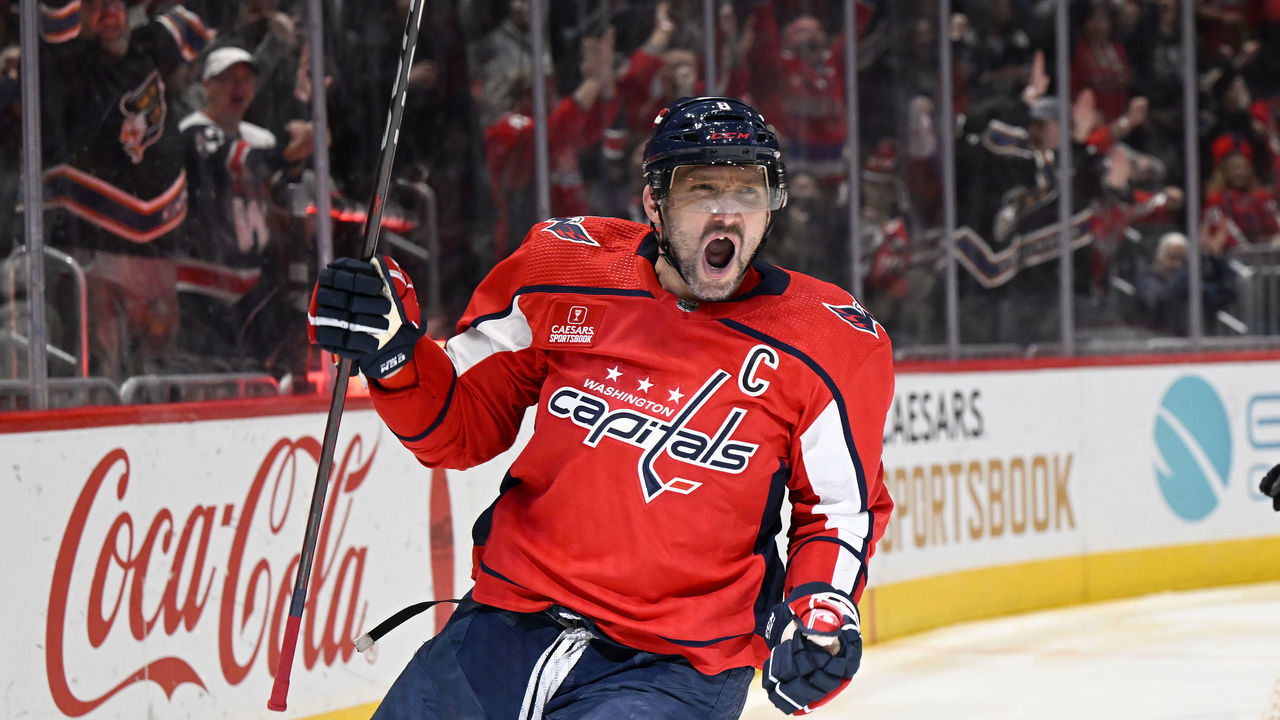 WASHINGTON, DC - DECEMBER 29: Alex Ovechkin #8 of the Washington Capitals celebrates after scoring in the second period against the Ottawa Senators at Capital One Arena on December 29, 2022 in Washington, DC.
