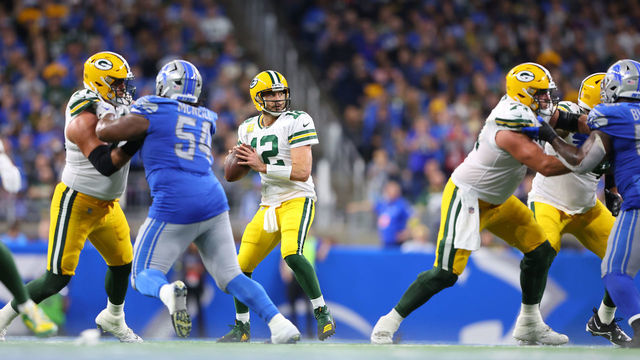 DETROIT, MICHIGAN - NOVEMBER 06: Aaron Rodgers #12 of the Green Bay Packers throws a pass against the Detroit Lions in the second half at Ford Field on November 06, 2022 in Detroit, Michigan.