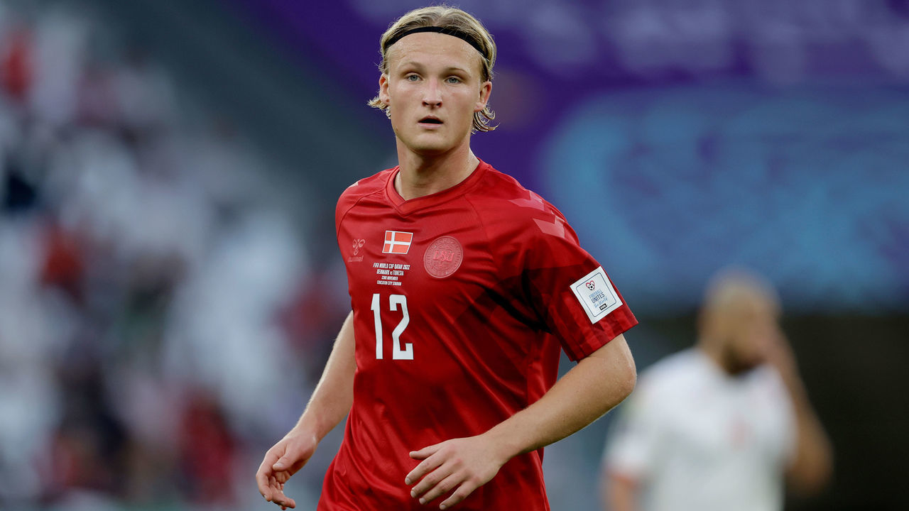 AL RAYYAN, QATAR - NOVEMBER 22: Kasper Dolberg of Denmark during the World Cup match between Denmark v Tunisia at the Education City Stadium on November 22, 2022 in Al Rayyan Qatar