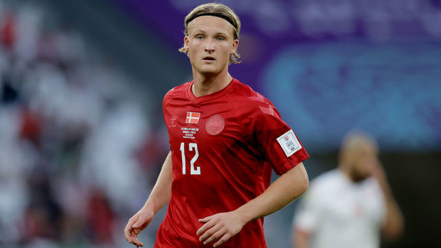 AL RAYYAN, QATAR - NOVEMBER 22: Kasper Dolberg of Denmark during the World Cup match between Denmark v Tunisia at the Education City Stadium on November 22, 2022 in Al Rayyan Qatar