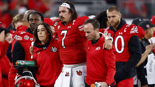 PASADENA, CALIFORNIA - JANUARY 02: Cameron Rising #7 of the Utah Utes is assisted off the field after being injured in a play against the Penn State Nittany Lions during the third quarter in the 2023 Rose Bowl Game at Rose Bowl Stadium on January 02, 2023 in Pasadena, California.