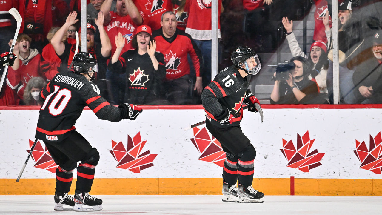 HALIFAX, CANADA - JANUARY 02: Connor Bedard #16 of Team Canada celebrates his goal during the first period against Team Slovakia in the quarterfinals of the 2023 IIHF World Junior Championship at Scotiabank Centre on January 2, 2023 in Halifax, Nova Scotia, Canada.