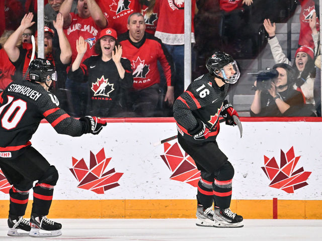 HALIFAX, CANADA - JANUARY 02: Connor Bedard #16 of Team Canada celebrates his goal during the first period against Team Slovakia in the quarterfinals of the 2023 IIHF World Junior Championship at Scotiabank Centre on January 2, 2023 in Halifax, Nova Scotia, Canada.