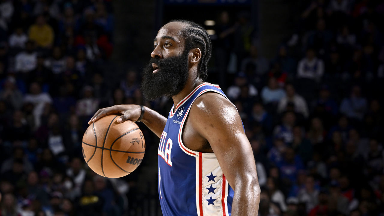PHILADELPHIA, PA - JANUARY 2: James Harden #1 of the Philadelphia 76ers dribbles the ball during the game against the New Orleans Pelicans on January 2, 2023 at the Wells Fargo Center in Philadelphia, Pennsylvania NOTE TO USER: User expressly acknowledges and agrees that, by downloading and/or using this Photograph, user is consenting to the terms and conditions of the Getty Images License Agreement. Mandatory Copyright Notice: Copyright 2023 NBAE