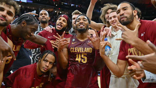 CLEVELAND, OHIO - JANUARY 02: Donovan Mitchell #45 of the Cleveland Cavaliers celebrates with his teammates after scoring a Cavaliers franchise record 71 points against the Chicago Bulls at Rocket Mortgage Fieldhouse on January 02, 2023 in Cleveland, Ohio. The Cavaliers defeated the Bulls 145-134.