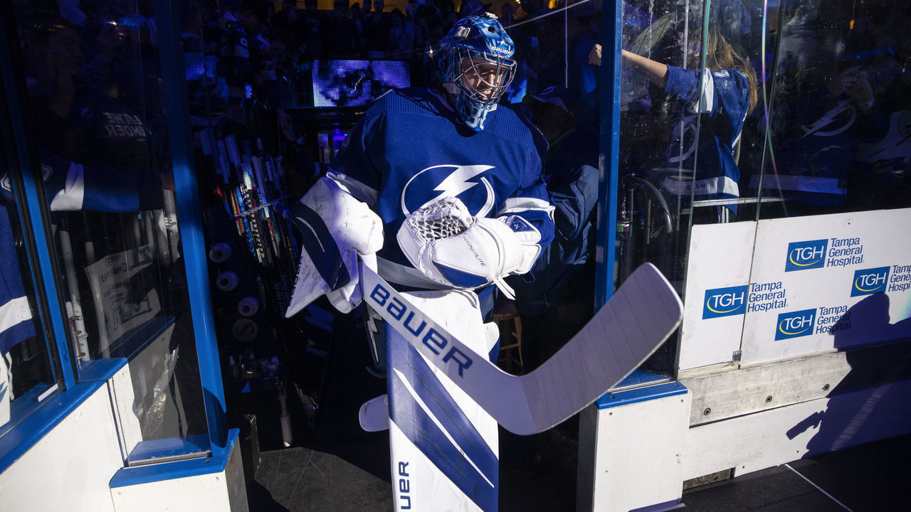 TAMPA, FL - DECEMBER 31: Goalie Andrei Vasilevskiy #88 of the Tampa Bay Lightning gets ready for the game against the Arizona Coyotes at Amalie Arena on December 31, 2022 in Tampa, Florida.
