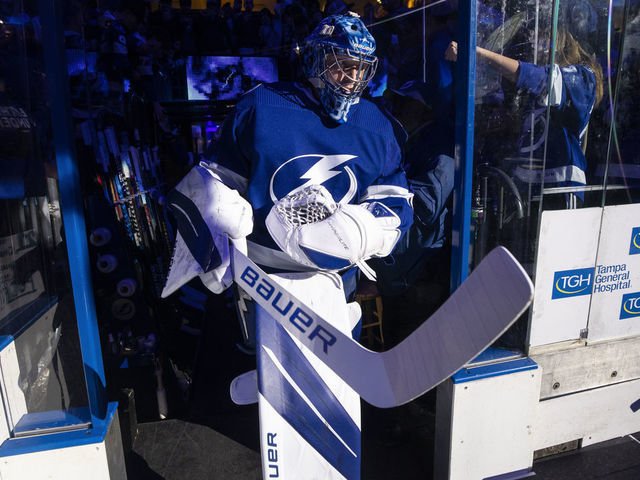 TAMPA, FL - DECEMBER 31: Goalie Andrei Vasilevskiy #88 of the Tampa Bay Lightning gets ready for the game against the Arizona Coyotes at Amalie Arena on December 31, 2022 in Tampa, Florida.