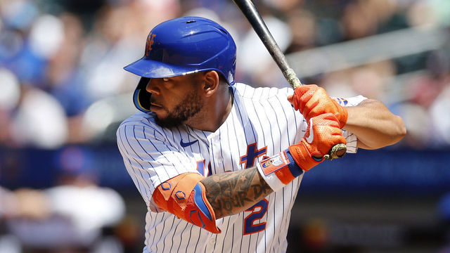 NEW YORK, NEW YORK - JULY 03: Dominic Smith #2 of the New York Mets in action against the Texas Rangers at Citi Field on July 03, 2022 in New York City. The Mets defeated the Rangers 4-1.