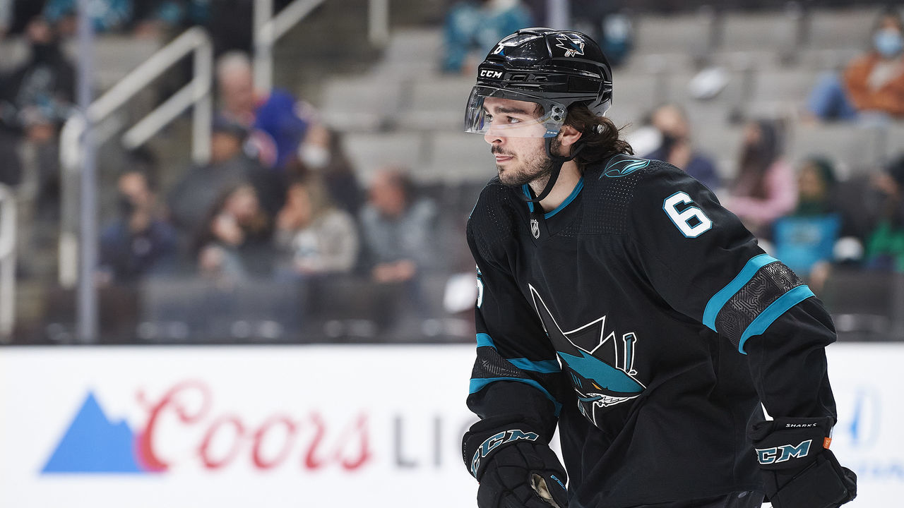 SAN JOSE, CA - FEBRUARY 24: San Jose Sharks defenseman Ryan Merkley (6) skates during a timeout during the NHL game between the San Jose Sharks and the New York Islanders on February 24, 2022 at SAP Center in San Jose, CA.