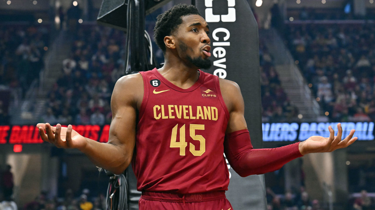 CLEVELAND, OHIO - JANUARY 02: Donovan Mitchell #45 of the Cleveland Cavaliers reacts during the first half against the Chicago Bulls at Rocket Mortgage Fieldhouse on January 02, 2023 in Cleveland, Ohio.