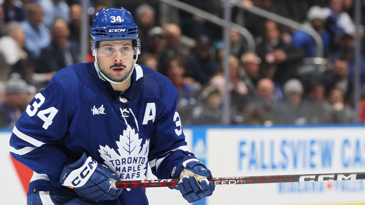 TORONTO, CANADA - DECEMBER 10: Auston Matthews #34 of the Toronto Maple Leafs skates against the Calgary Flames during an NHL game at Scotiabank Arena on December 10, 2022 in Toronto, Ontario, Canada. The Maple Leafs defeated the Flames 5-4 in overtime.