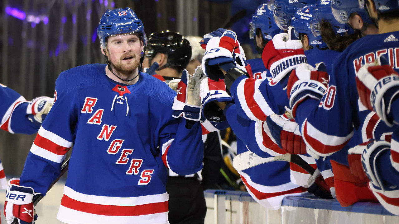 NEW YORK, NEW YORK - DECEMBER 05: Alexis Lafreniere #13 of the New York Rangers celebrates his game winning goal against the St. Louis Blues at Madison Square Garden on December 05, 2022 in New York City. The Rangers defeated the Blues 6-4.