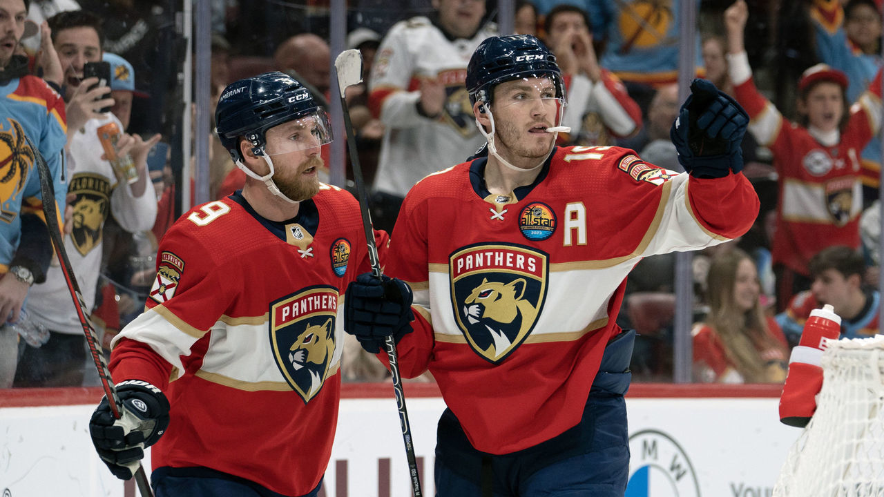 SUNRISE, FL - JANUARY 03: Matthew Tkachuk #19 of the Florida Panthers celebrates a goal during the game between the Florida Panthers and the Arizona Coyotes at FLA Live Arena in Sunrise, FL on January 3, 2023.