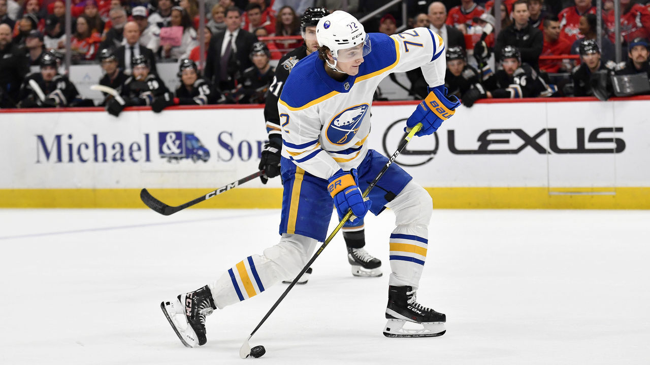 WASHINGTON, DC - JANUARY 03: Sabres center Tage Thompson (72) takes a shot on net during the Buffalo Sabres versus Washington Capitals National Hockey League game on January 3, 2023 at Capital One Arena in Washington, D.C..