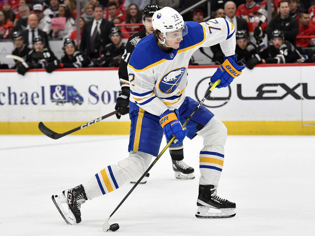 WASHINGTON, DC - JANUARY 03: Sabres center Tage Thompson (72) takes a shot on net during the Buffalo Sabres versus Washington Capitals National Hockey League game on January 3, 2023 at Capital One Arena in Washington, D.C..