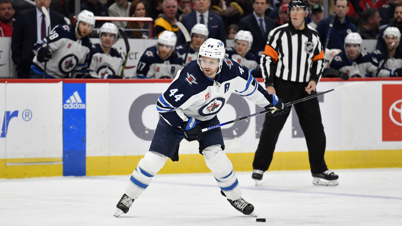 WASHINGTON, DC - DECEMBER 23: Jets defenseman Josh Morrissey (44) takes a slapshot from the point during the Winnipeg Jets versus Washington Capitals National Hockey League game on December 23, 2022 at Capital One Arena in Washington, D.C..