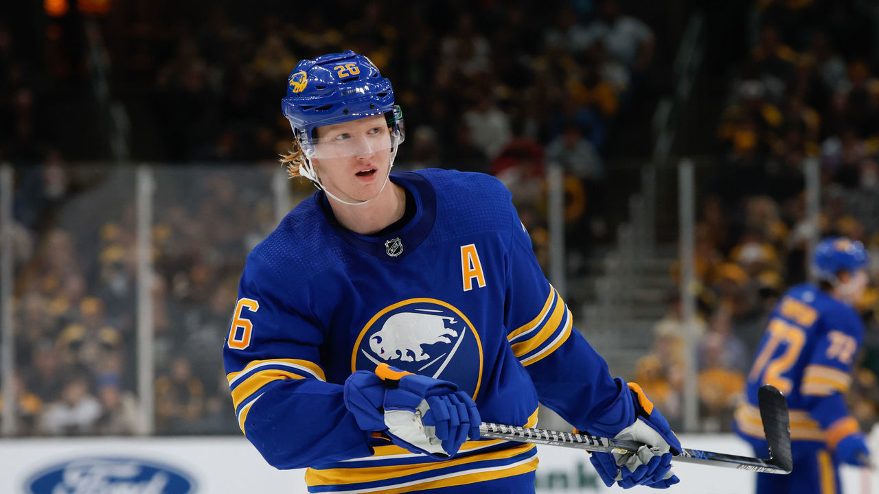 BOSTON, MA - DECEMBER 31: Rasmus Dahlin #26 of the Buffalo Sabres skates in warm-ups prior to the game against the Boston Bruins at the TD Garden on December 31, 2022 in Boston, Massachusetts. The Sabres won 4-3 in overtime.