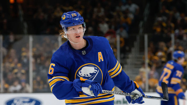 BOSTON, MA - DECEMBER 31: Rasmus Dahlin #26 of the Buffalo Sabres skates in warm-ups prior to the game against the Boston Bruins at the TD Garden on December 31, 2022 in Boston, Massachusetts. The Sabres won 4-3 in overtime.