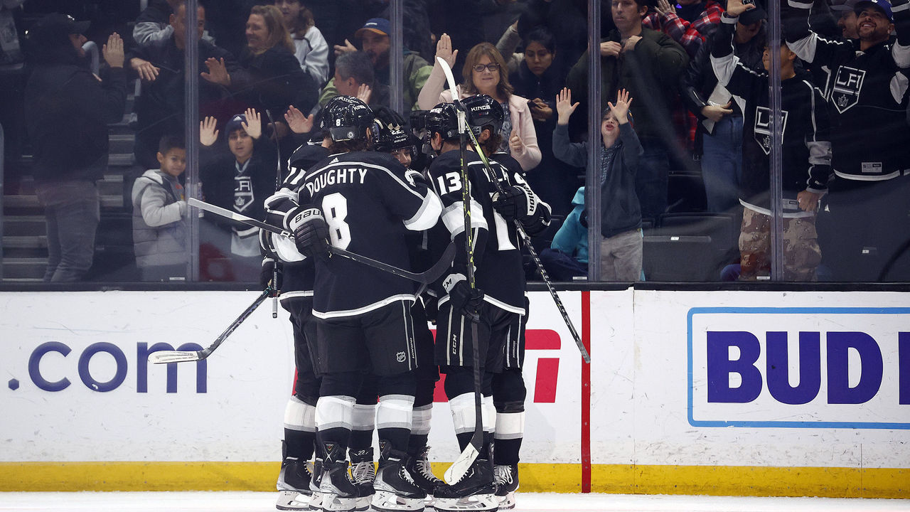 LOS ANGELES, CALIFORNIA - JANUARY 03: Adrian Kempe #9 of the Los Angeles Kings celebrates a goal against the Dallas Stars in the third period at Crypto.com Arena on January 03, 2023 in Los Angeles, California.