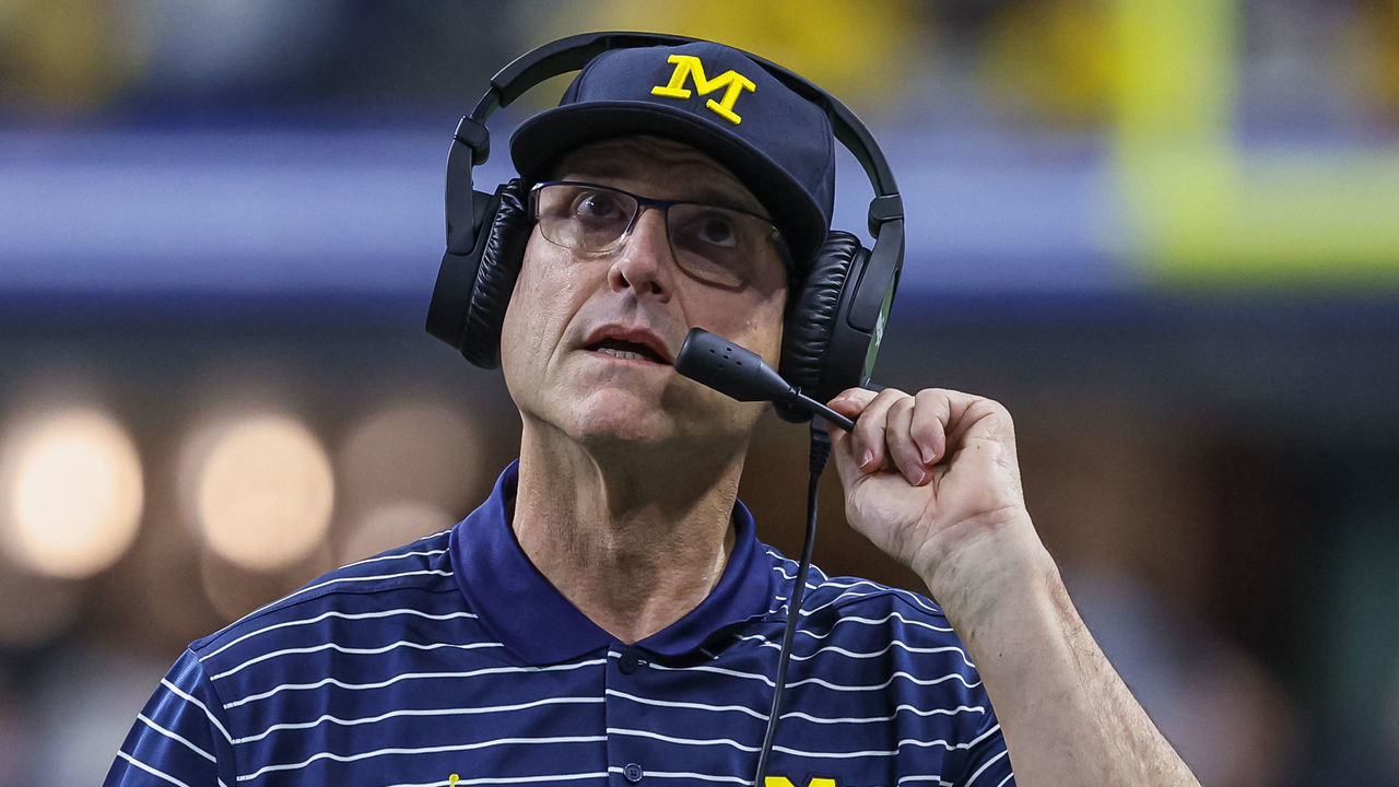 INDIANAPOLIS, IN - DECEMBER 03: Head coach Jim Harbaugh of the Michigan Wolverines is seen during the Big Ten Championship against the Purdue Boilermakers at Lucas Oil Stadium on December 3, 2022 in Indianapolis, Indiana.