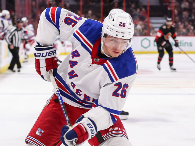 OTTAWA, CANADA - NOVEMBER 30: Jimmy Vesey #26 of the New York Rangers skates against the Ottawa Senators at Canadian Tire Centre on November 30, 2022 in Ottawa, Ontario, Canada.