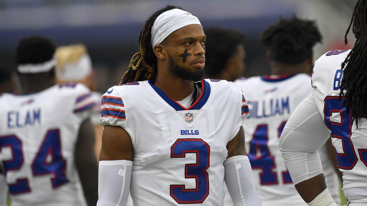 BALTIMORE, MD - OCTOBER 02: Bills safety Damar Hamlin (3) waits for the game to start during the Buffalo Bills versus Baltimore Ravens NFL game at M&T Bank Stadium on October 2, 2022 in Baltimore, MD.