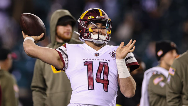 PHILADELPHIA, PA - NOVEMBER 14: Sam Howell #14 of the Washington Commanders warms up before the game against the Philadelphia Eagles at Lincoln Financial Field on November 14, 2022 in Philadelphia, Pennsylvania.