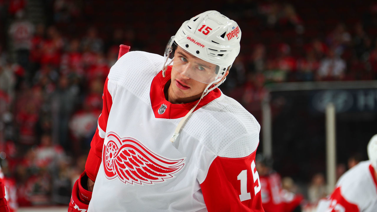NEWARK, NJ - OCTOBER 15: Detroit Red Wings left wing Jakub Vrana (15) warms up prior to the game against the New Jersey Devils on October 15, 2022 at the Prudential Center in Newark, New Jersey.