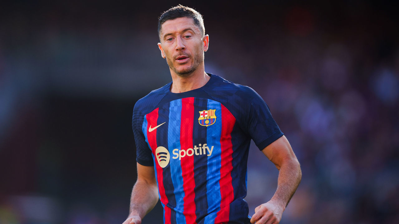BARCELONA, SPAIN - DECEMBER 31: Robert Lewandowski FC Barcelona follows the action during the LaLiga Santander match between FC Barcelona and RCD Espanyol at Spotify Camp Nou on December 31, 2022 in Barcelona, Spain.