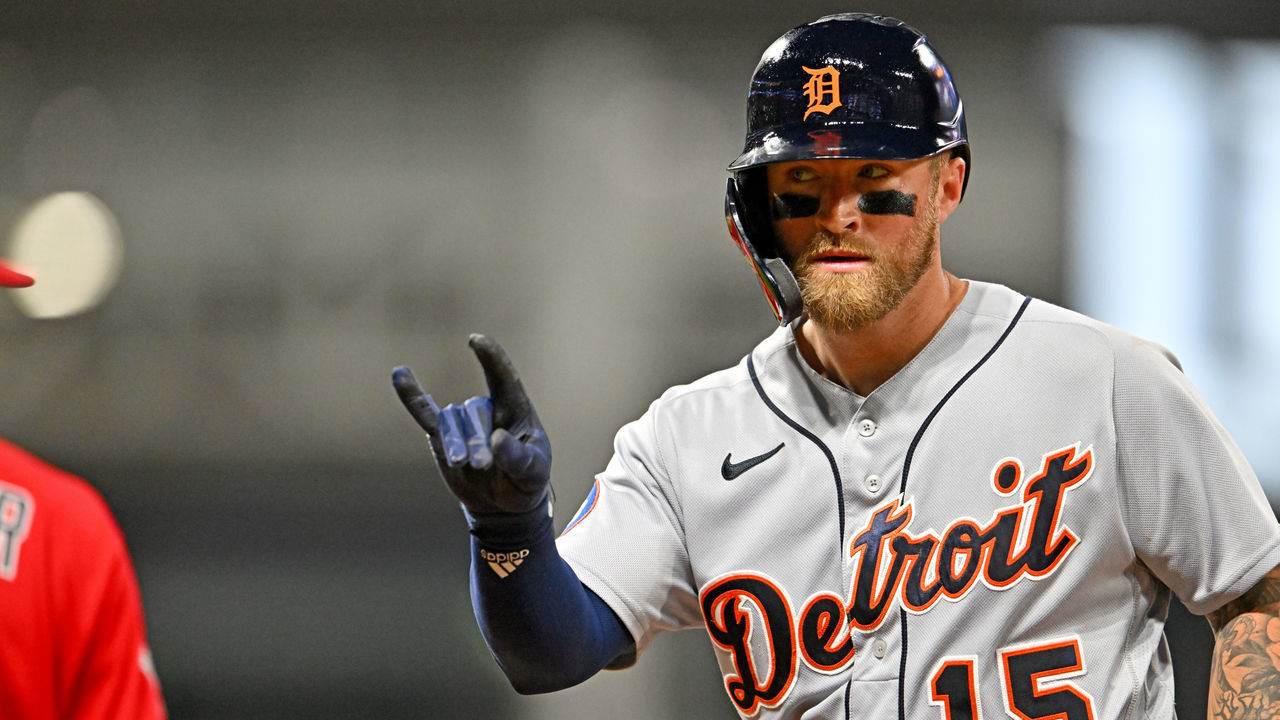 CLEVELAND, OHIO - AUGUST 16: Tucker Barnhart #15 of the Detroit Tigers celebrates after hitting a single during the sixth inning against the Cleveland Guardians at Progressive Field on August 16, 2022 in Cleveland, Ohio.