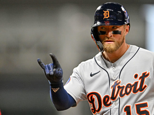 CLEVELAND, OHIO - AUGUST 16: Tucker Barnhart #15 of the Detroit Tigers celebrates after hitting a single during the sixth inning against the Cleveland Guardians at Progressive Field on August 16, 2022 in Cleveland, Ohio.