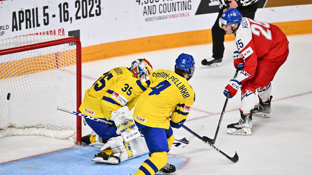 HALIFAX, CANADA - JANUARY 04: Jiri Kulich #25 of Team Czech Republic scores the game-winning goal in overtime on goaltender Carl Lindbom #35 of Team Sweden in the semifinal round of the 2023 IIHF World Junior Championship at Scotiabank Centre on January 4, 2023 in Halifax, Nova Scotia, Canada.