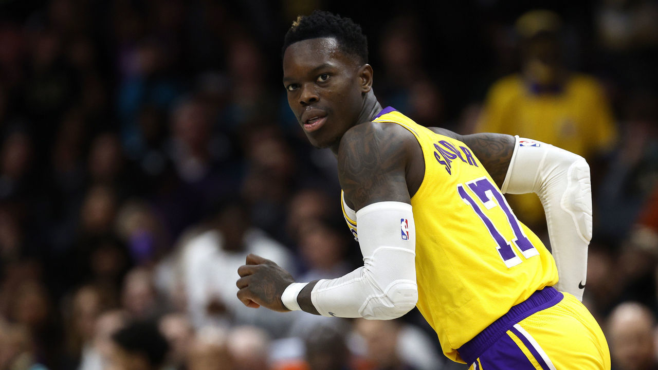 CHARLOTTE, NORTH CAROLINA - JANUARY 02: Dennis Schroder #17 of the Los Angeles Lakers runs the court during the second half of the game against the Charlotte Hornets at Spectrum Center on January 02, 2023 in Charlotte, North Carolina.