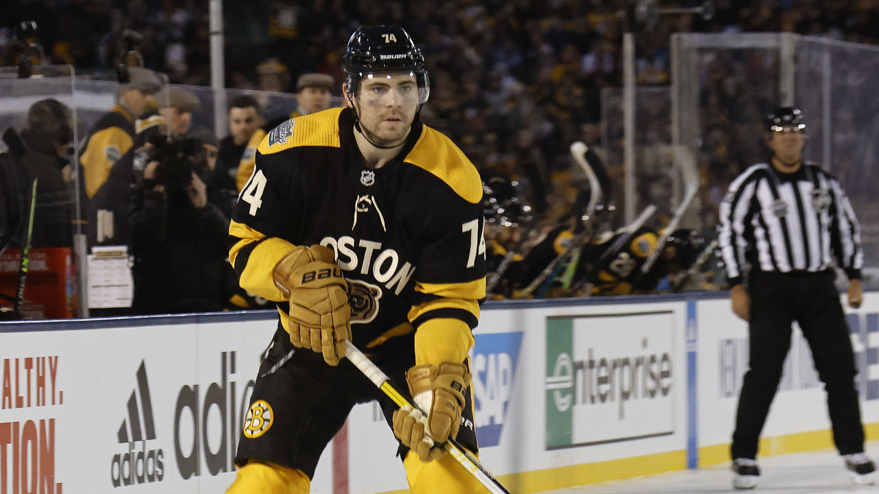 BOSTON, MASSACHUSETTS - JANUARY 02: Jake DeBrusk #74 of the Boston Bruins during the 2023 Discover NHL Winter Classic against the Pittsburgh Penguins at Fenway Park on January 02, 2023 in Boston, Massachusetts.