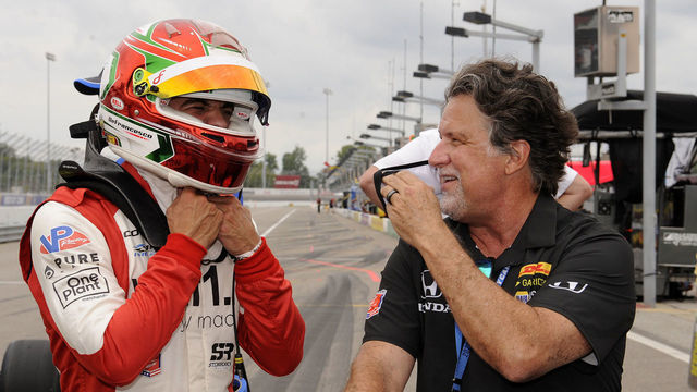 MADISON, IL - AUGUST 29: Devlin DeFrancesco (17) Andretti Steinbrenner Autosport talks with team owner Michael Andretti after winning the Indy Pro 2000 St. Louis Oval Challenge on August 29, 2020, at World Wide Technology Raceway at Gateway in Madison, Illinois.