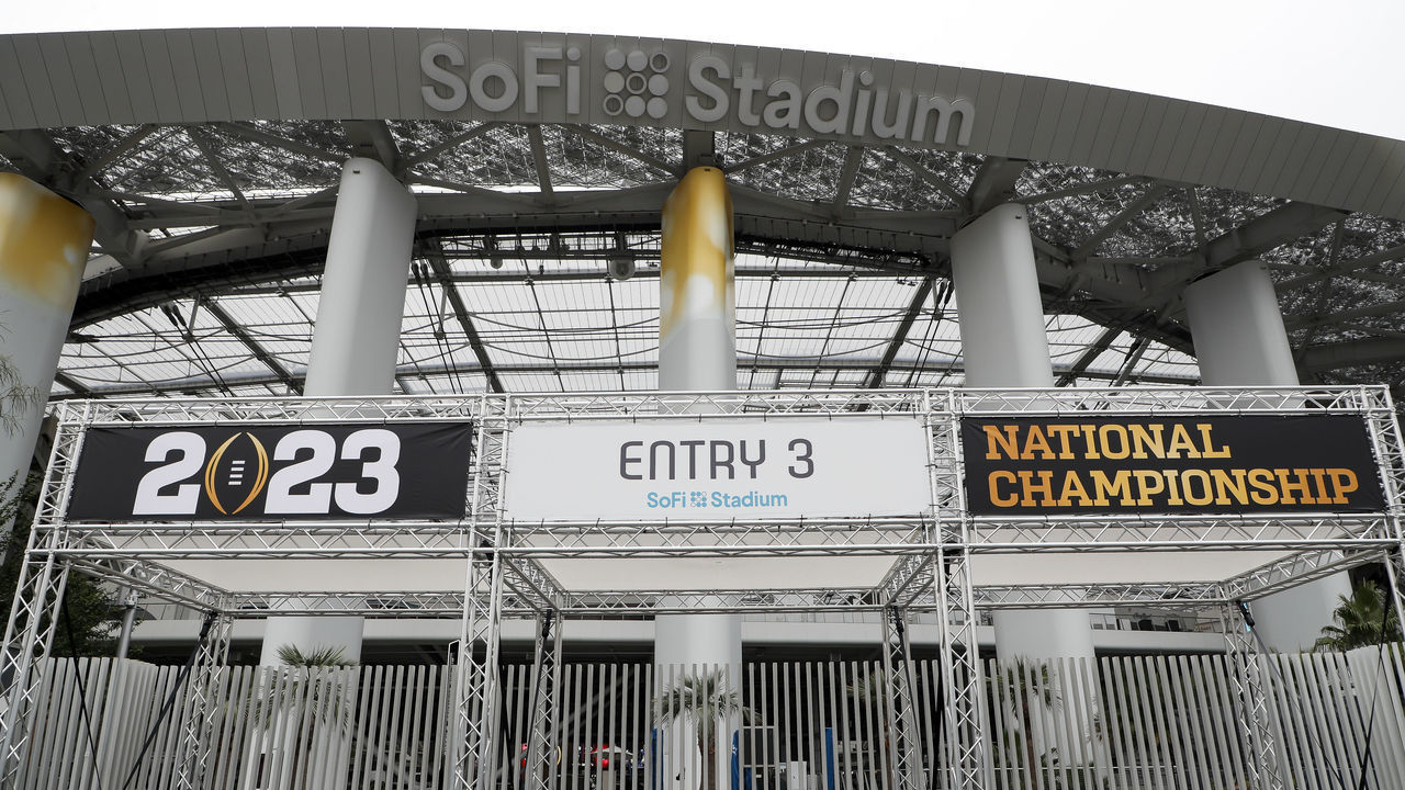 INGLEWOOD, CA - JANUARY 04: The College Football Playoff National Championship event logos are displayed during the week leading up to CFP National Championship game between the TCU Horned Frogs and the Georgia Bulldogs on January 04, 2023, at SoFi Stadium in Inglewood, CA.