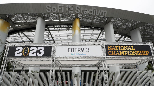 INGLEWOOD, CA - JANUARY 04: The College Football Playoff National Championship event logos are displayed during the week leading up to CFP National Championship game between the TCU Horned Frogs and the Georgia Bulldogs on January 04, 2023, at SoFi Stadium in Inglewood, CA.